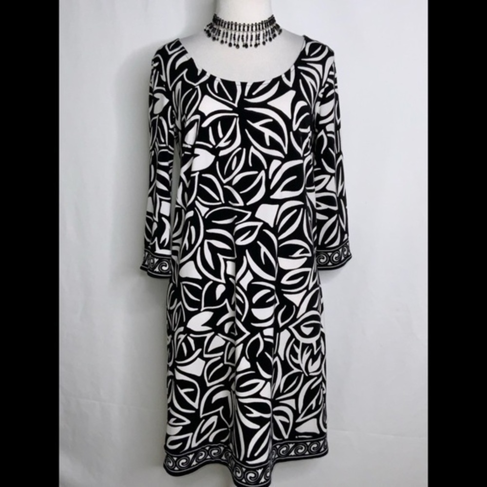 Loft Black & White Abstract Floral Print 3/4 Sleeves Casual Career Dress XS